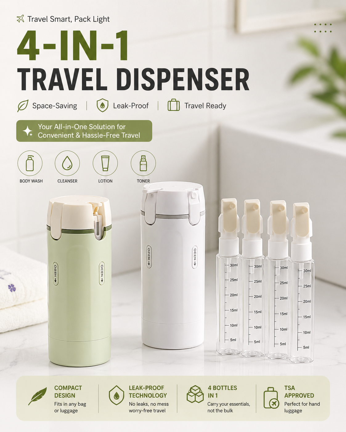 Portable 4-in-1 Travel Toiletry Bottle