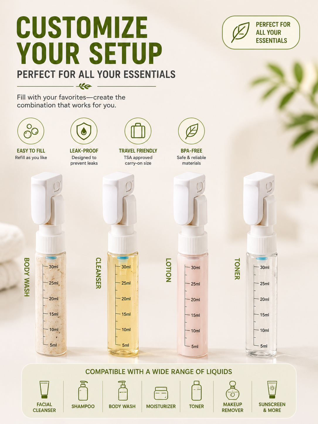 Portable 4-in-1 Travel Toiletry Bottle
