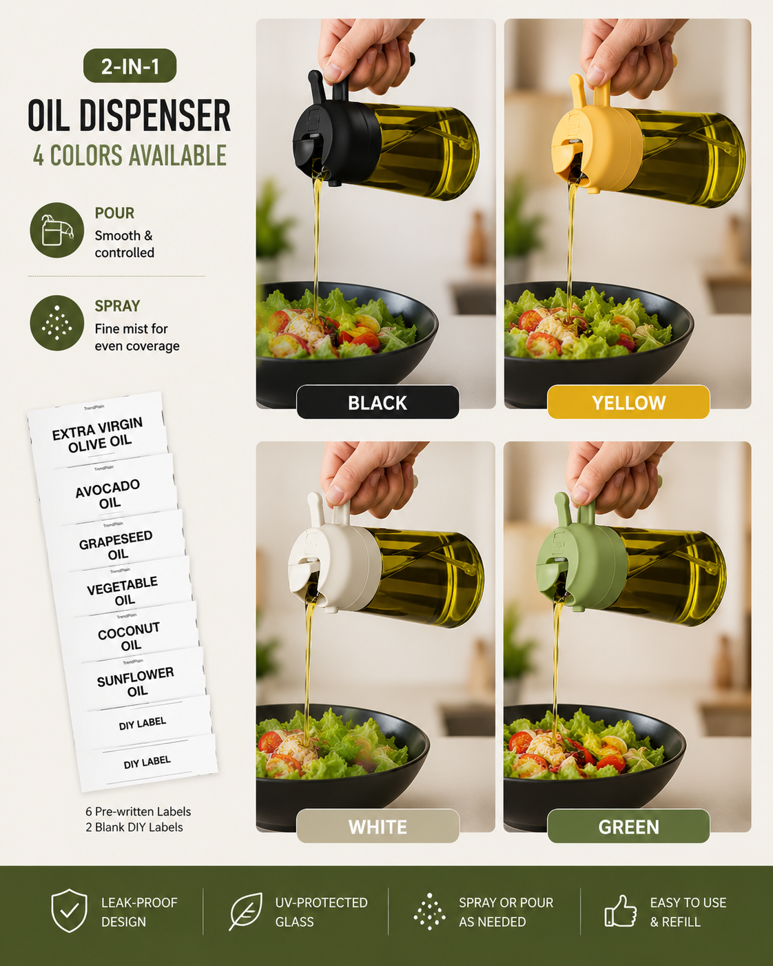 2-in-1 Oil Sprayer & Dispenser – 470ml Glass Bottle