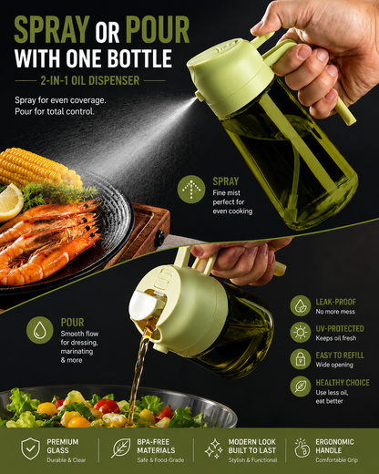 2-in-1 Oil Sprayer & Dispenser – 470ml Glass Bottle