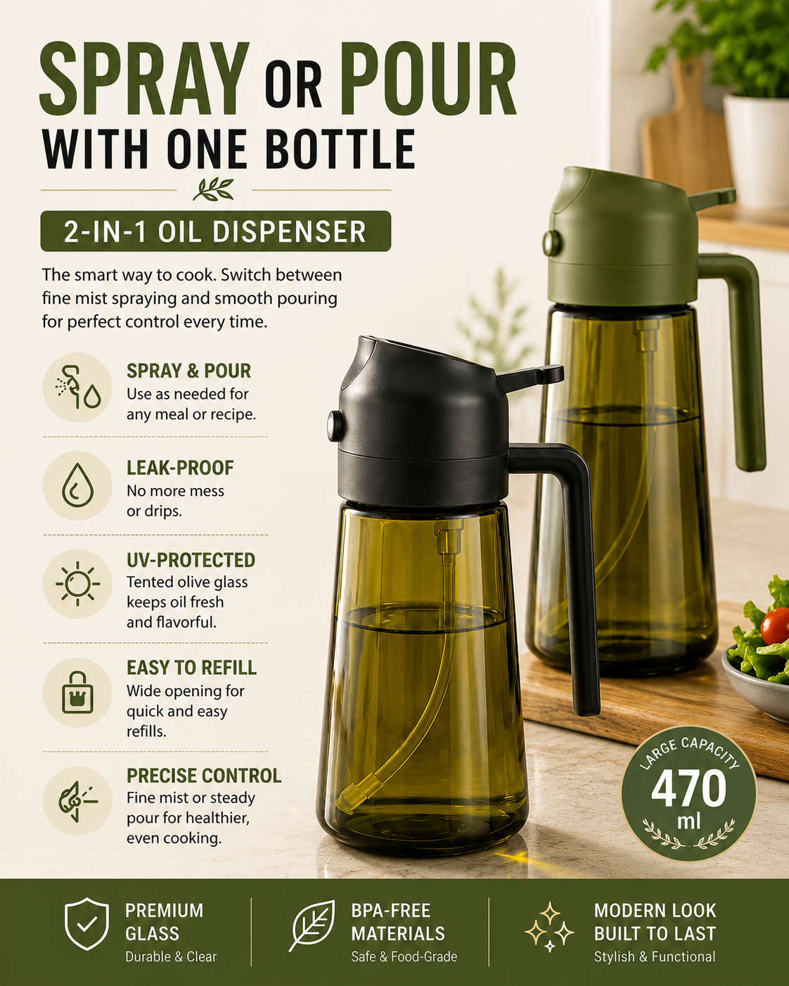 2-in-1 Oil Sprayer & Dispenser – 470ml Glass Bottle