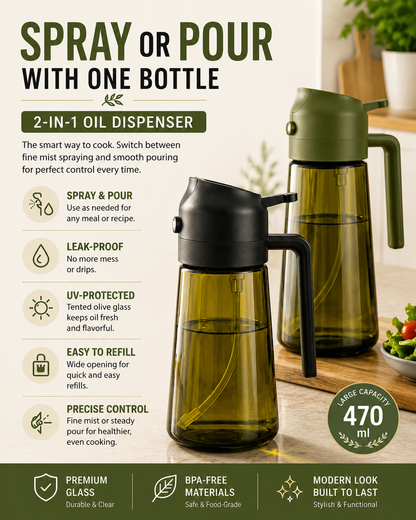 2-in-1 Oil Sprayer & Dispenser – 470ml Glass Bottle
