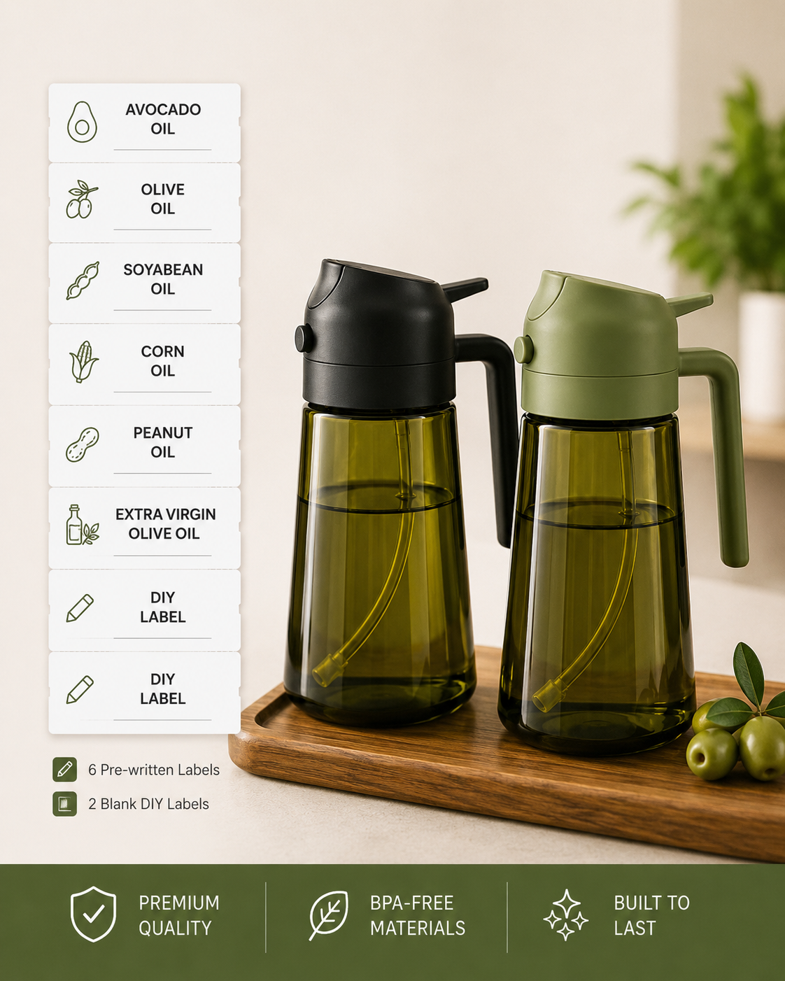 2-in-1 Oil Sprayer & Dispenser – 470ml Glass Bottle