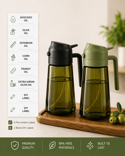 2-in-1 Oil Sprayer & Dispenser – 470ml Glass Bottle