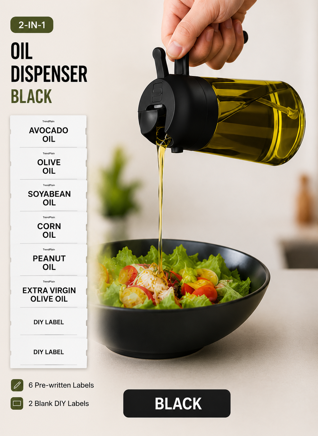 2-in-1 Oil Sprayer & Dispenser – 470ml Glass Bottle