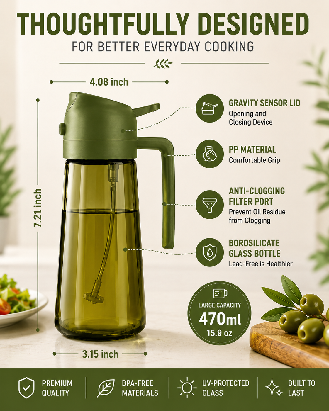 2-in-1 Oil Sprayer & Dispenser – 470ml Glass Bottle