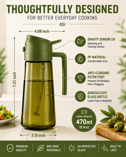 2-in-1 Oil Sprayer & Dispenser – 470ml Glass Bottle