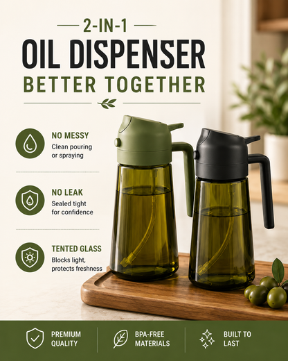 2-in-1 Oil Sprayer & Dispenser – 470ml Glass Bottle