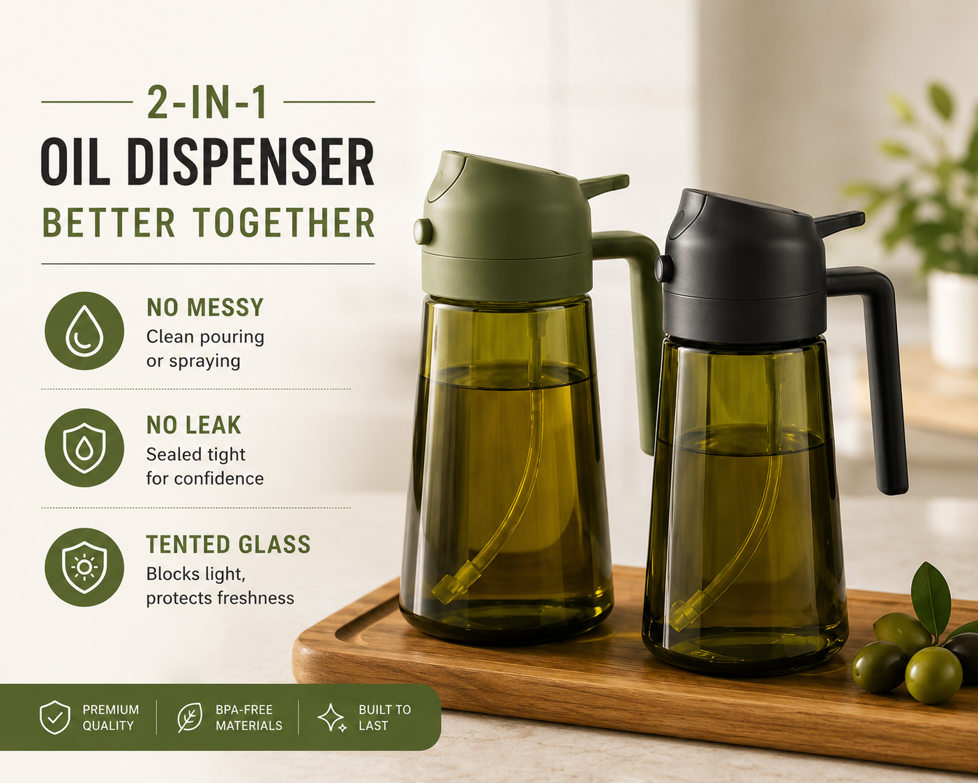 2-in-1 Oil Sprayer & Dispenser – 470ml Glass Bottle