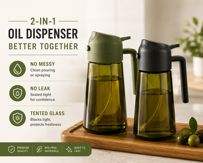 2-in-1 Oil Sprayer & Dispenser – 470ml Glass Bottle
